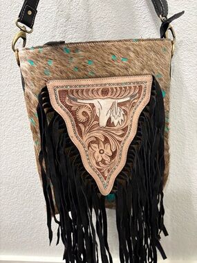 Leather Tooled Fringe Crossbody Bag - Turquoise Speckle